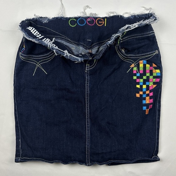 COOGI Dresses & Skirts - COOGI Y2K Denim Mini Skirt Women's Size 1/2 Jean Skirt Embroidered Distressed